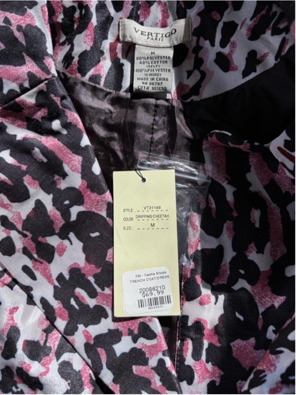 NWT Women's Vertigo Paris Trench Coat M Pink Black Dripping Cheetah - Picture 3 of 4